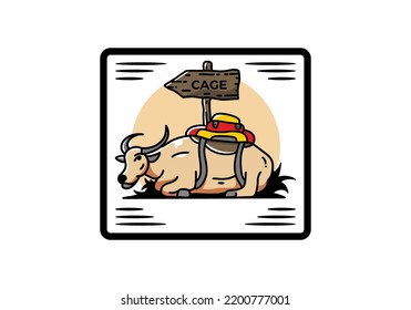 Sitting buffalo animal vector clip art illustration badge design