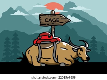 Sitting buffalo animal vector clip art illustration badge design