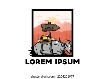 Sitting buffalo animal vector clip art illustration badge design