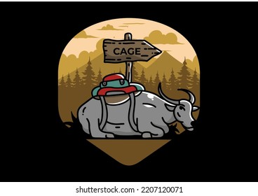 Sitting buffalo animal vector clip art illustration badge design