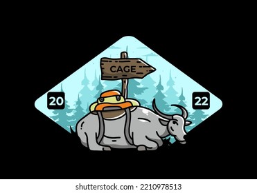 Sitting buffalo animal vector clip art illustration badge design