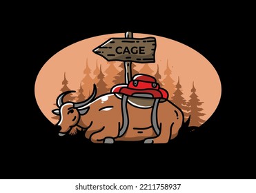 Sitting buffalo animal vector clip art illustration badge design