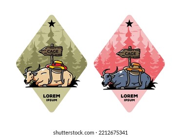 Sitting buffalo animal vector clip art illustration badge design