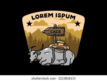 Sitting buffalo animal vector clip art illustration badge design