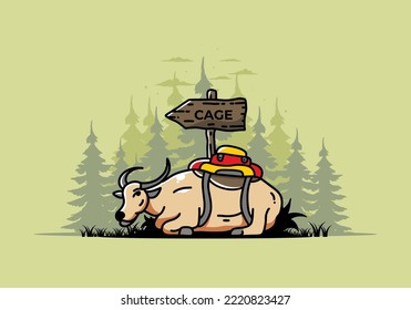 Sitting buffalo animal vector clip art illustration badge design