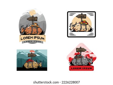 Sitting buffalo animal vector clip art illustration badge design