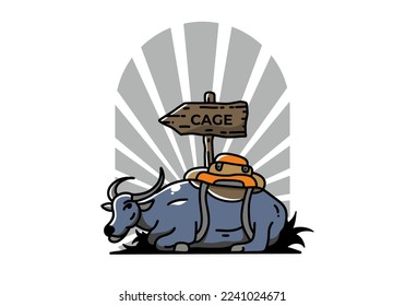 Sitting buffalo animal vector clip art illustration badge design
