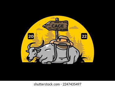Sitting buffalo animal vector clip art illustration badge design