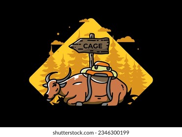 Sitting buffalo animal vector clip art illustration badge design