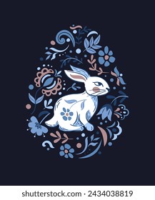 Sitting bunny. Happy Easter. Egg with botanical pattern. Mexican or Slavic folk flowers. Traditional drawing. Vector banner. Vintage illustration for advertising, website, poster, flyer.