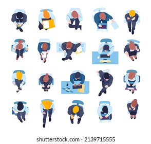 Sitting business characters top view. Employees in formal suits. People sit in different chairs, armchairs and couches. Persons working at workplaces with laptops. Vector