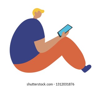 Sitting business man  holding/showing/displaying mobile phone. Flat style modern vector illustration.