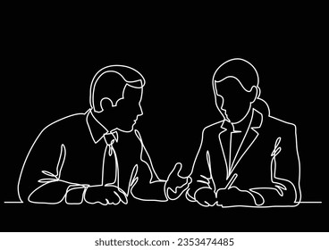sitting businessman and business woman discussing work process - continuous line drawing
