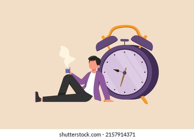 Sitting businessman with a cup of coffee beside alarm clock. Colored flat graphic vector illustration isolated.