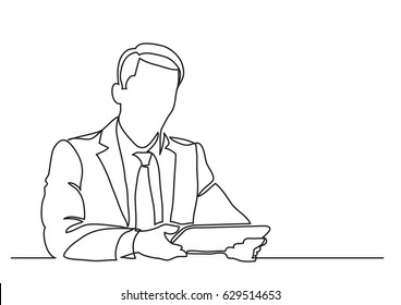 sitting businessman with tablet - continuous line drawing