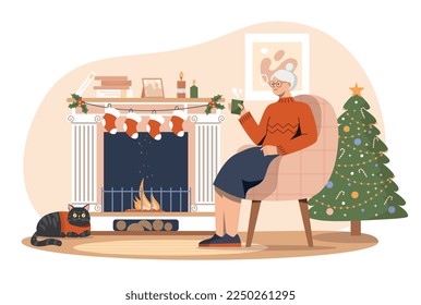 Sitting by fireplace. Grandmother sits on armchair with hot drink, coffee or tea. Comfort and coziness in apartment. Winter holidays, New Year and Christmas. Cartoon flat vector illustration