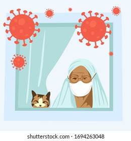Sitting by window an elderly grandmother with mask is quarantined at home, looking out the window with a cat from the coronavirus. Cartoon style. Flat design