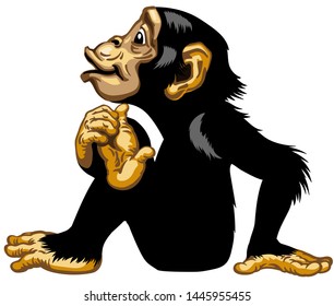 sitting cartoon chimp great ape or chimpanzee monkey . Positive and happy emotion. Sitting pose. Side view. Isolated vector illustration