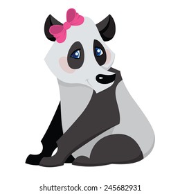 Sitting cartoon panda girl with pink bow isolated on white background, vector illustration