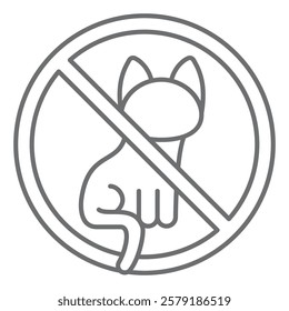 Sitting cat ban thin line icon, prohibited elements concept. Vector graphics. Pet animal, housekeeping forbidden sign on white background, outline style icon for mobile or web design