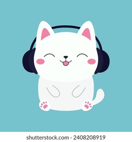 Sitting cat in black headphones earphones. Kitten listen to music with closed eyes, pink tongue, ears. Cute cartoon kawaii funny baby pet character. Happy face head. Flat design Blue background Vector