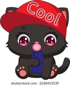 Sitting Cat Blowing Gum With Hat And Phone Kitten Mascot Vector