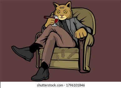 Sitting Cat Boss Smoking Cigarette 