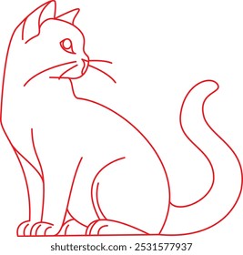 Sitting Cat with Curled Tail, Cute Cat Expressions in Various Poses: Line Style Art Collection