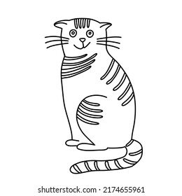 Sitting cat  in doodle style.  Hand drawn vector illustration. Isolated black outline. 