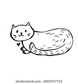 Sitting cat in doodle style on isolated white background.Vector.