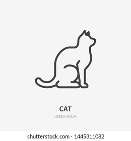 Sitting cat flat line icon. Vector thin sign of black kitten, animal logo. Pet shop outline illustration.