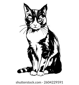 Sitting cat Front View. Realistic vector black and white hand drawn cat illustration.