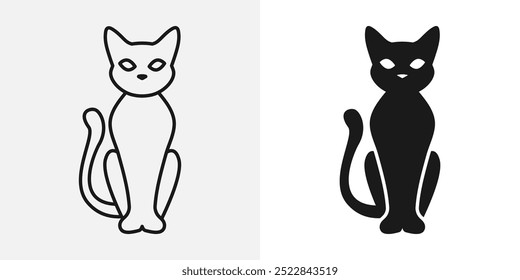 Sitting cat icon. Elegant cat logo. Witchcraft black kitten with tail vector illustration. Black and white kitty silhouette. Animal mammal pet symbol. Graphic design cat logotype isolated.