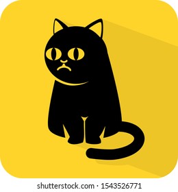 Sitting cat illustration. Feline sign. domestic kitten figure. Bobcat. Flat 3D shadow design. yellow background black vector. product brand service label banner board display. App icon.