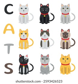 Sitting Cat Illustrations - 9 Cute Illustrations of different Breeds and Colors.