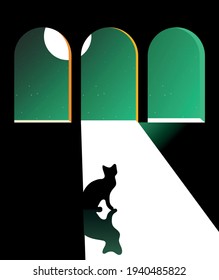sitzende Katze, die durch das Fenster den Mondlicht anschaut