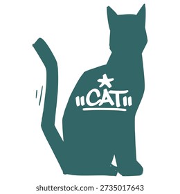 Sitting cat profile logo in teal color. Hand drawn feline silhouette with star and "CAT" text for pet boutique branding and creative animal-themed graphic design.