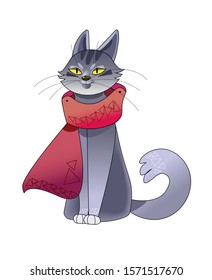 Sitting cat in a red winter scarf, New Year's atmosphere