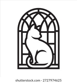 Silueta de gato sentado en un diseño gótico de vidrieras arqueadas, perfecto para el arte digital, la decoración del hogar, proyectos de Halloween o artesanías de temática gótica. Obra de arte elegante, misteriosa y versátil ideal para impresiones, carteles y proyectos creativos de bricolaje