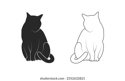 Silueta del gato sentado y Ilustración vectorial del gato del arte de la línea en un fondo blanco