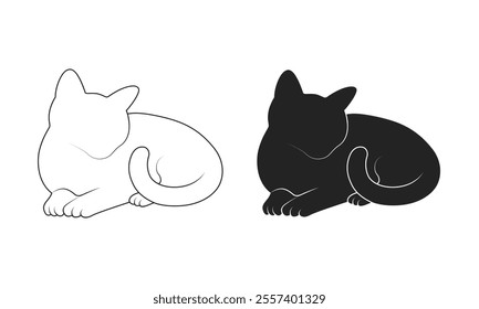 Sitting cat silhouette and line art cat vector illustration on a white background