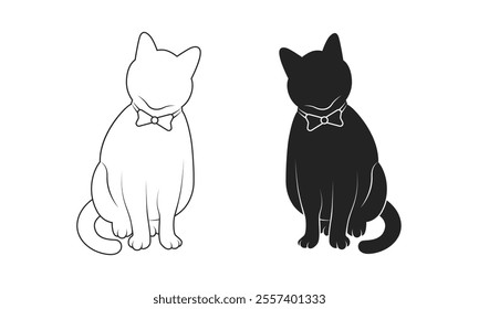 Sitting cat silhouette and line art cat vector illustration on a white background