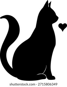 Vector de silueta de gato sentado aislado sobre un fondo blanco, con un emoji de corazón para transmitir un sentimiento acogedor y amoroso. Ideal para contenido Kwai, Elementos de Vector y proyectos de Diseño gráfico creativo