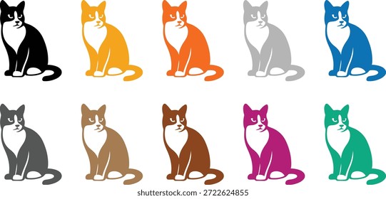 Sitting cat silhouettes in multiple colors, Colorful feline icons vector set