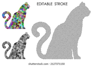 sitting cat with tail in shape of question mark. Silhouette of domestic cat, pets. Abstract vector in maze pixel style isolated on white background