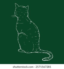 Sitting Cat. Vector Chalk Sketch Feline Illustration. Back View.