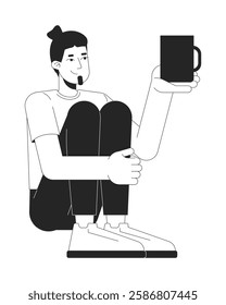 Sitting caucasian man holding mug black and white 2D line character. Casual moment, everyday life. European guy with beverage cup isolated vector outline person. Monochromatic spot illustration