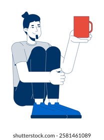 Sitting caucasian man holding red mug 2D cartoon character. Casual moment, everyday life. European guy with beverage cup isolated person flat vector on white background. Spot illustration colorful