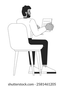 Sitting chair african american businessman writing notes black and white 2D line character. Black male office worker paperwork signing isolated vector outline person. Monochromatic spot illustration