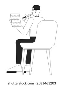 Sitting chair asian male employee taking notes office black and white 2D line character. Korean man trainee student writing paperwork isolated vector outline person. Monochromatic spot illustration